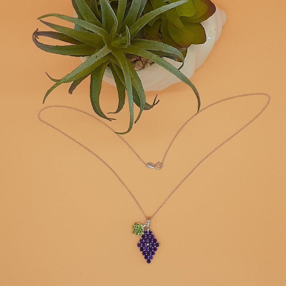 Genuine Amethyst & Chrome Diopside Grape Pendant with Sterling Silver Cabl Chain